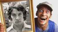 Jim Varney as Ernest P. Worrell holds a picture of himself out of character
