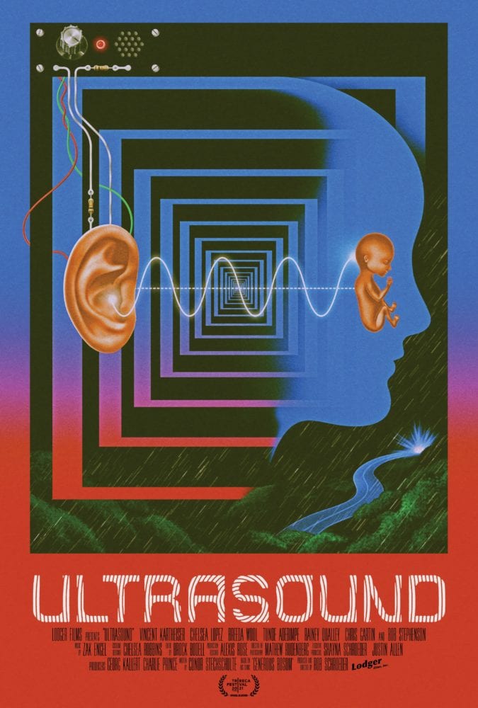 A trippy poster for Ultrasound features an ear connected by a wavy line to a fetus inside of a monocolor head