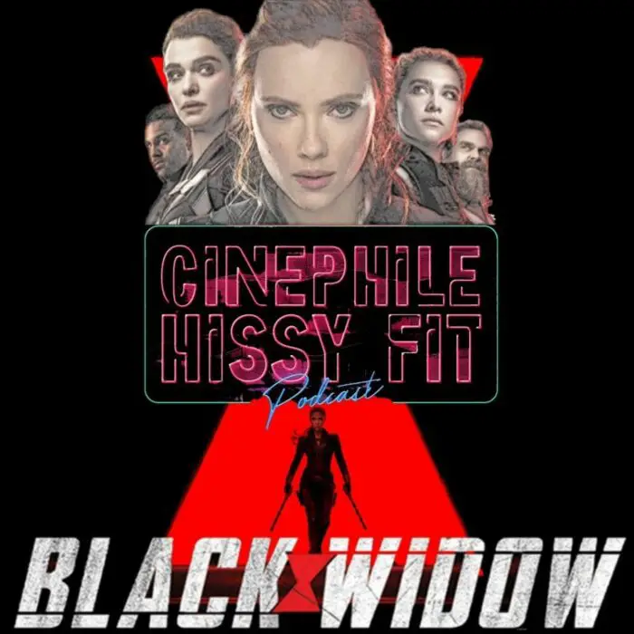 A special podcast cover photo features the characters of Black Widow