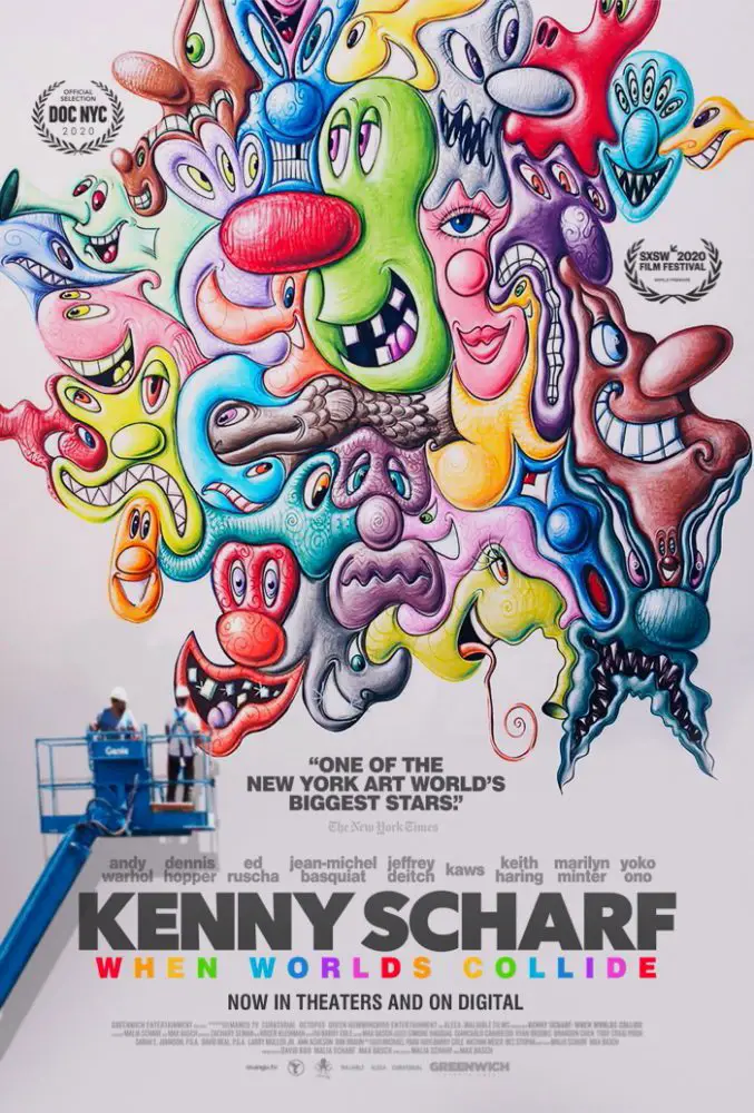 Poster for the documentary Kenny Scharf When Worlds Collide features colorful and oddly shaped drawn faces