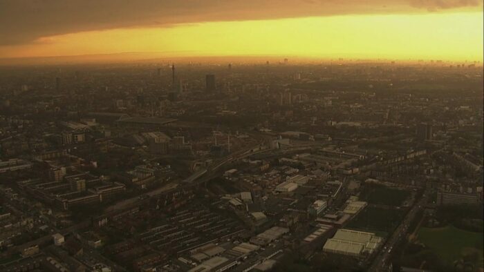 Still from The Odyssey. Arial shot of London.