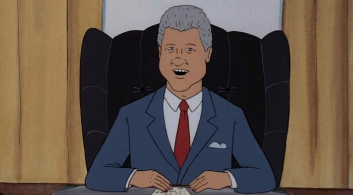 Bill Clinton sits at his desk in Beavis and Butt-Head Do America