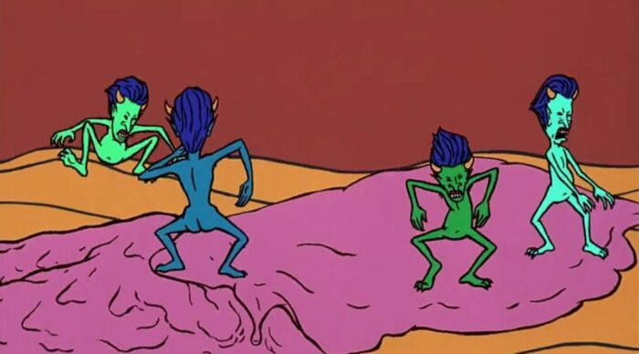 Dancing Buttheads in multiple colors populate Beavis's drug hallucination
