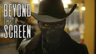 A person in a hat with mask over their face, with the words Beyond the Screen superimposed on the left