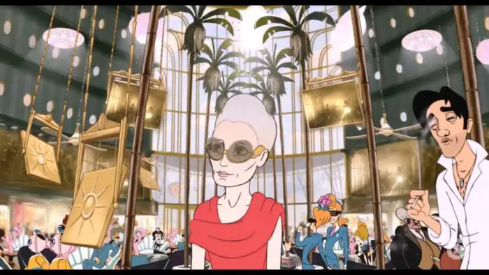 Animated: a woman with grey hair wearing sunglasses and a red shawl stands in a lobby with high ceilings while a man in a white shirt holding a cigarette looks on