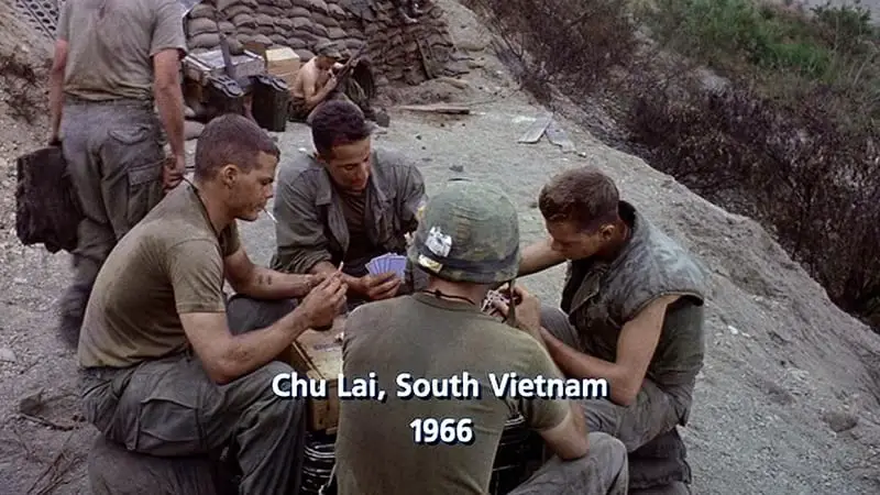 In this image from Dogfight, Eddie and his B-Boy comrades are depicted playing cards while stationed in Vietnam in 1966.