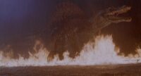 Spinosaurus walks in a lake that is on fire in jurassic park 3
