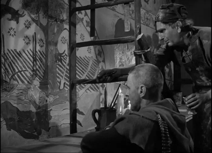 In this image from The Seventh Seal, the Albertus Pictor, the church painter (Gunnar Olsson) and the Squire Jons (Gunnar Björnstrand) observe a mural depicting the victims of the Black Death's victims.