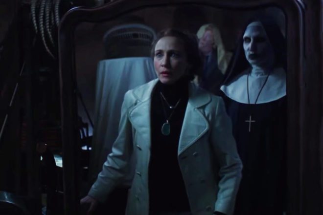 Lorraine Warren (Vera Farmiga) comes face-to-face with the demon nun Valak (Bonnie Aarons) while trying to rid a London house of evil.