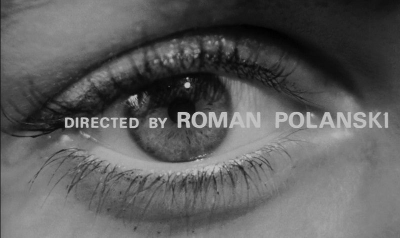 In this image from the title sequence of Repulsion, the words "Directed by Roman Polanski" are depicted in a straight narrow line bisecting the eye of Carol Ledoux.