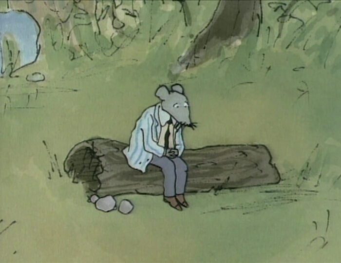Still from Abel's Island, one of the short films added to Criterion Channel in September. Abel, an anthropomorphic mouse, sits sadly on a log.