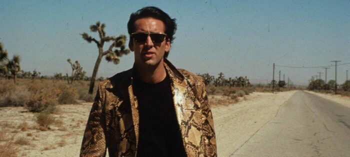 Nicolas Cage as 'Sailor' in David Lynch's 'Wild At Heart' wearing the character's iconic snakeskin jacket.