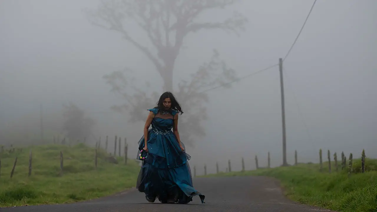 Clara Sola walks in her 'Cinderella' dress along a misty path
