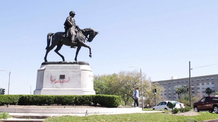 CJ Hunt faces the monument to Confederate G.P. Beauregard
