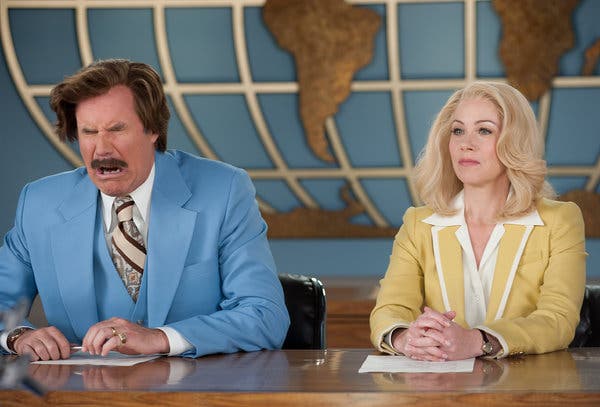Will Ferrell as Ron Burgundy and Christina Applegate as Veronica Corningstone in Anchorman