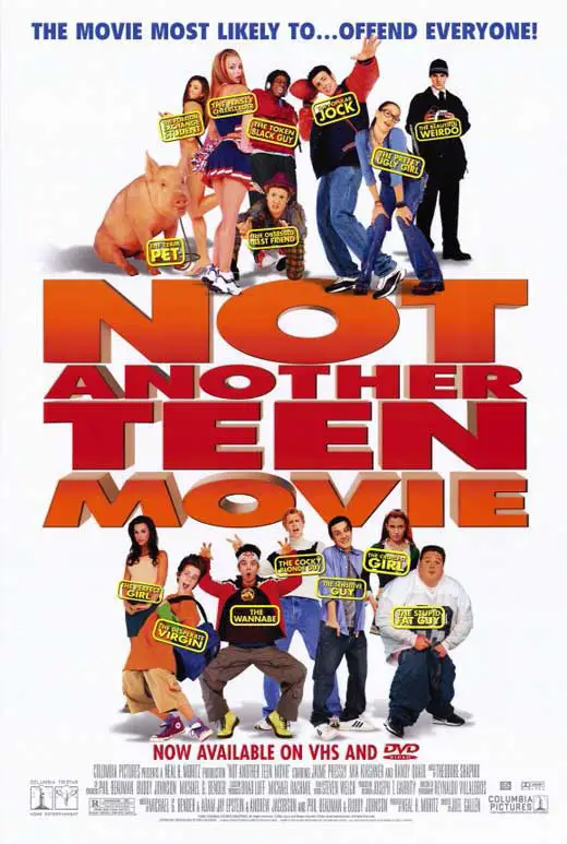 Not Another Teen Movie poster, with characters labeled as types: Jock, Virgin, Wannabe, etc.