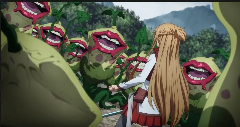 A girl with long brown hair wearing a white and red outfit holds a sword. She is surrounded by several monsters with large teeth that resemble carnivorous plants (Asuna battles the Nepthenes in Aria of a Starless Night)