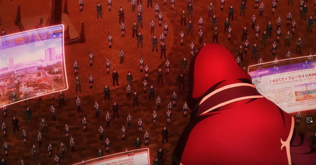 A hooded figure wearing a red robe hovers over dozens of people assmbled in a town square (From the animated film Aria of a Starless Night)