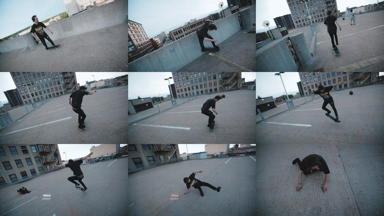 Image from Minding the Gap: A sequence of images portrays a skateboarder (Zack Mulligan) performing tricks and falling.