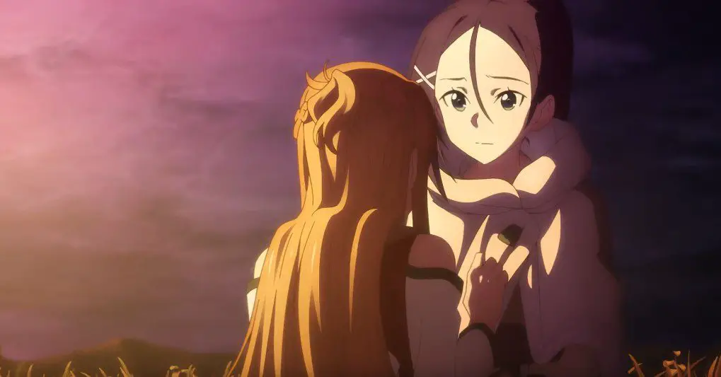 A girl with long red hair is facing a girl with purple hair; the sky behind them is a dark shade of purple, and the girl with the purple hair, Mito, has a concerned look on her face (from Aria of a Starless Night)