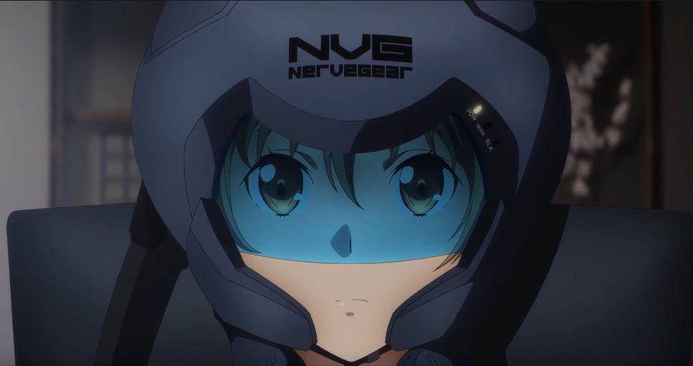 An animated young woman wears a large helmet that says NVG NerveGear (Asuna Yuuki in Sword Art Online)