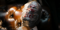 A person's face wrapped in duct tape with "No More Lies" scrawled in red from The Batman trailer