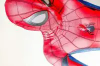 A costumed Spider-Man lays against a white background in close-up.