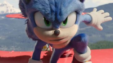 Sonic standing on an airplane.