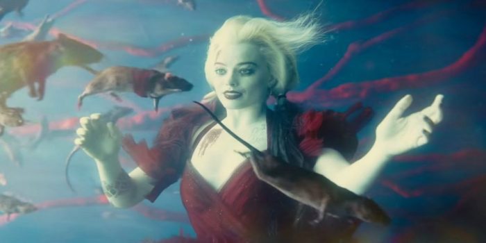 Sebastian (a rat wearing a red vest) swimming past Harley Quinn (Margot Robbie)'s face in The Suicide Squad (2021) while they both float inside the eye of Starro. Several other rats are visible. The background is blue with red blood vessels.