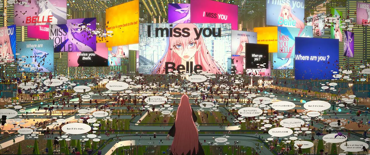 Image from Belle: Belle gazes at a virtual landscape with signs indicating her fame.