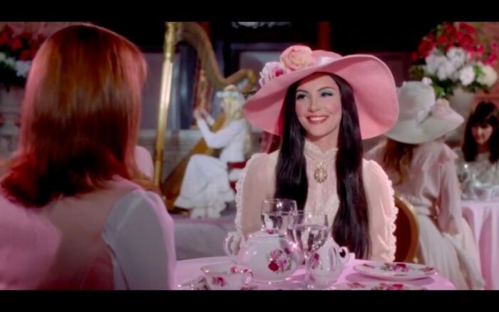Elaine, the love witch, smiles at Trish in the plush tea room.