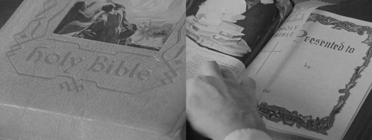 Two images from Salesman: a close-up of a holy Bible, then of a male hand turning its pages.