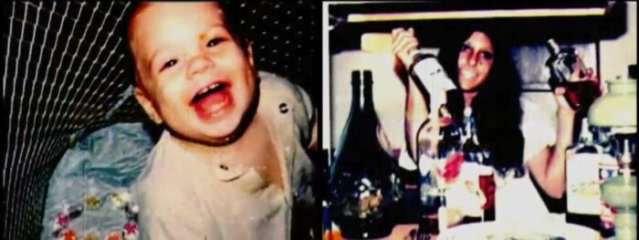 Images from Tarnation: A smiling infant (Jonathan) and mother Renee, depicted smiling and holding bottles of liquor