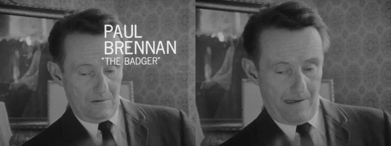 Images from Salesman: Paul's nickname "The Badger" appears and then fades as he licks his lips.