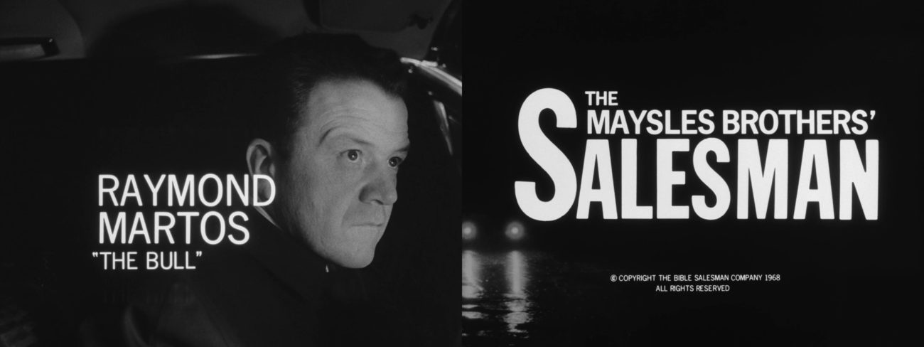 Images from Salesman: Raymond Martos "The Bull" and the film's title card reading "The Maysles Brothers' Salesman"