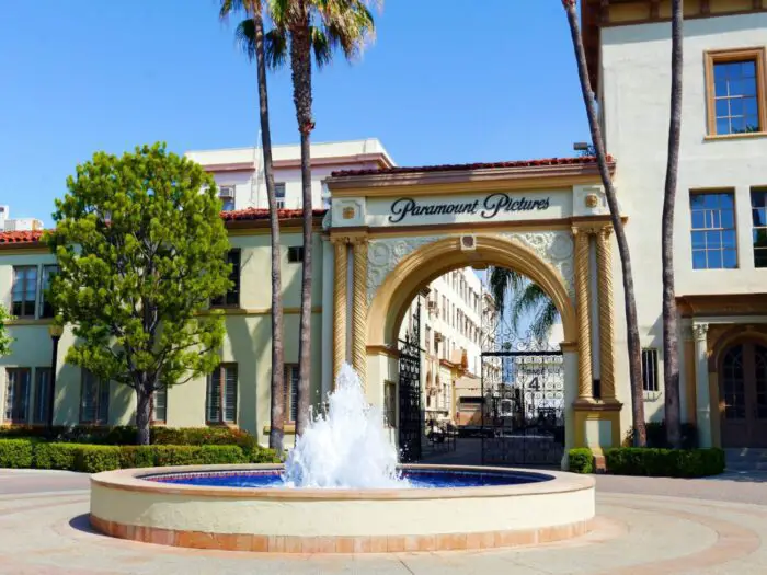 A fountain decorates the main gate of Paramount Pictures