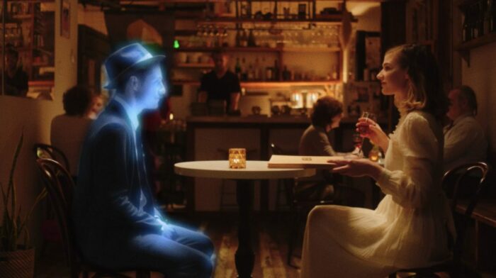 A phased form of a man sits across from a woman in a restaurant.
