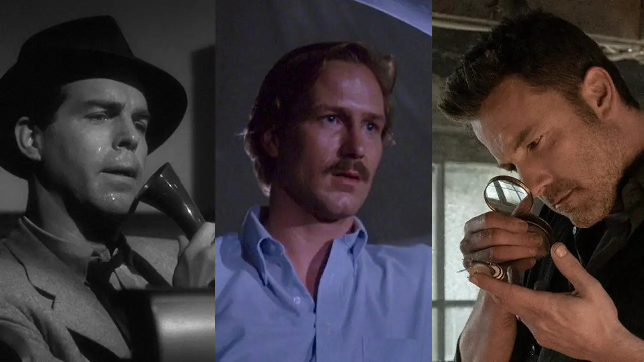 Images of Fred MacMurray as Walter Neff in Double Indemnity, William Hurt as Ned Racine in Body Heat, and Ben Afflect as Victor Van Allen, hlding a magnifying glass to a snail, in Deep Water