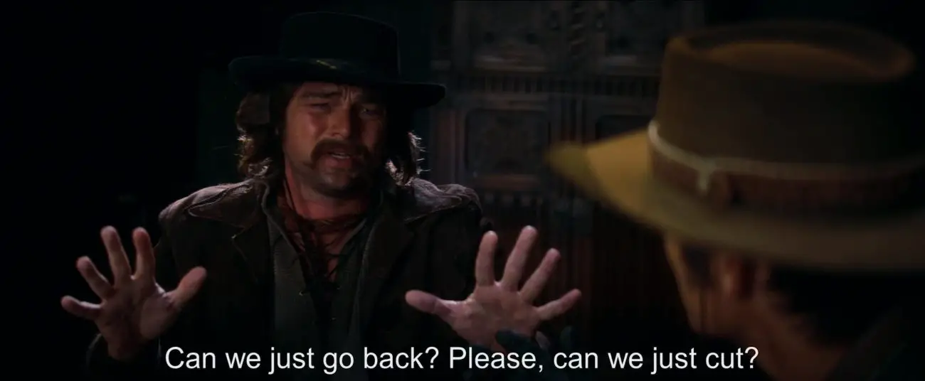 Image from Once Upon a Time... in Hollywood: Rick, as Caleb, pleads "Can we just go back? Please, can we just cut?"