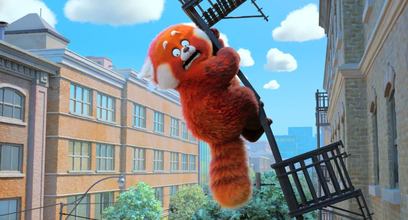 A giant red panda hangs precariously from a broken fire escape.