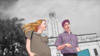 Image from Tower: An animated image of a pregnant young woman and man smiling and walking in front of the UT-Austin clock tower.