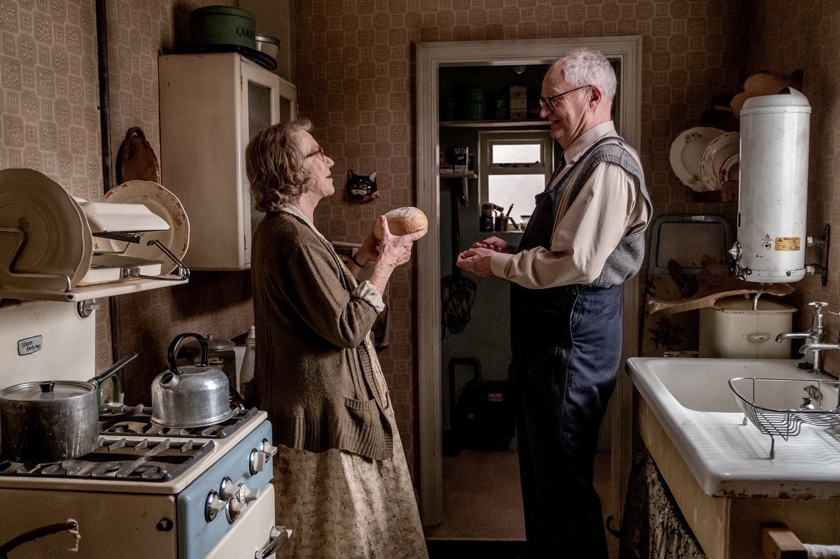 Dorothy (Helen Mirren) and Benton Kempton (Jim Broadbent) conbverse in their kitchen in The Duke.