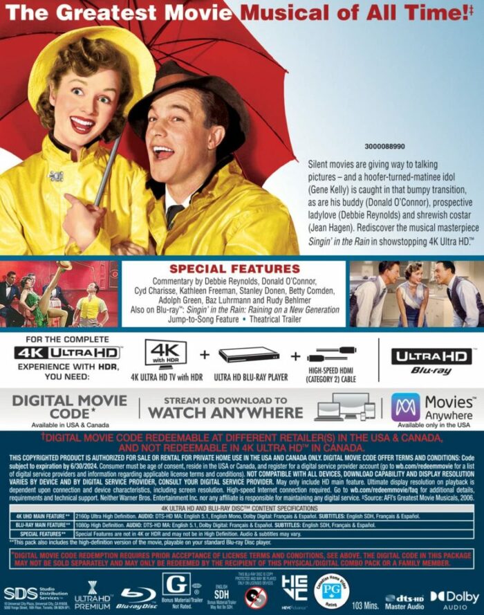 The back cover of the Singin' in the Rain 4K edition