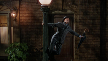 A man hangs from a lamp post in the rain