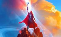 Poster of Jane foster (Natalie Portman) as Thor wielding Mjolnir