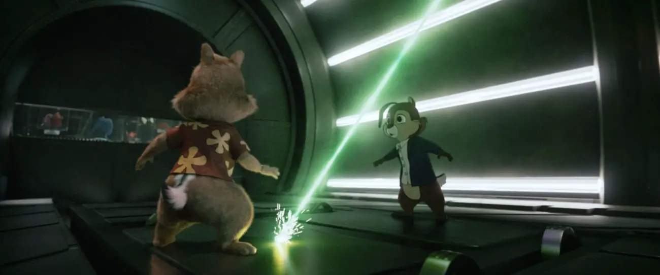A dangerous green laser cuts the floor and separates two chipmunks.