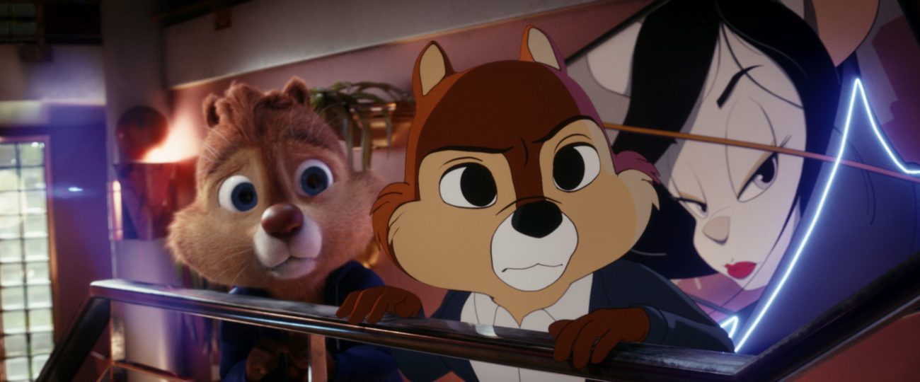Two differently animated chipmunks stare across a busy nightclub.