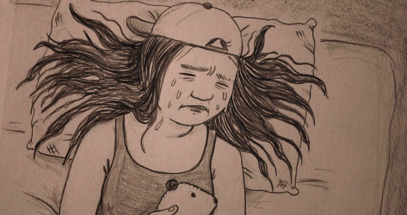 A pencil drawing by Larissa Akhmetova of Angie, crying in bed.