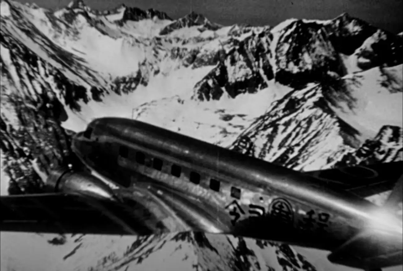 Crashed twin engine airplane in the snowy mountains