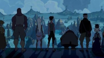 The cast of Atlantis, facing away from us and looking out over the city of Atlantis